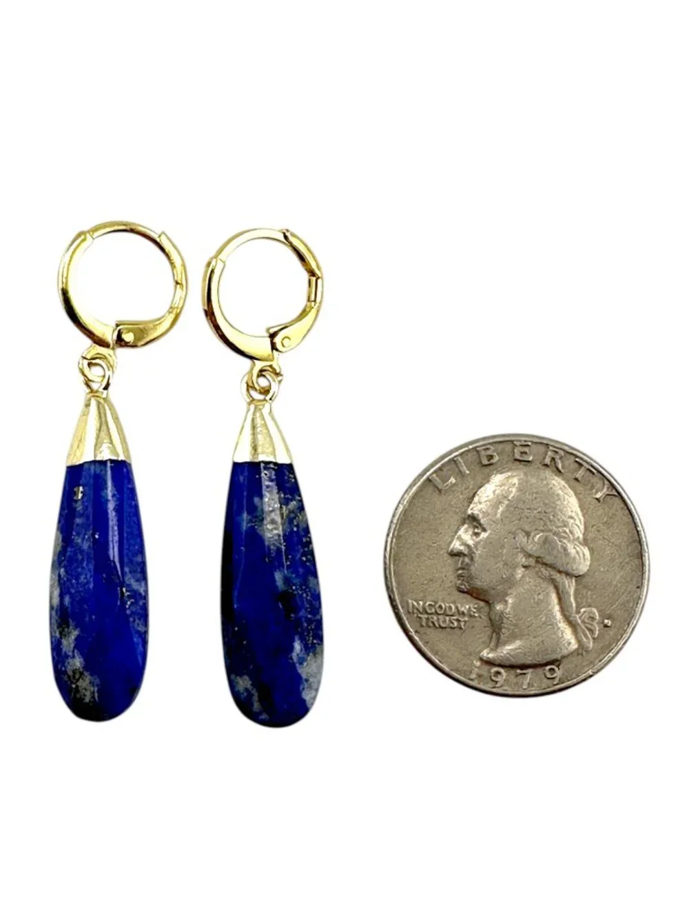 Lapis Lazuli Teardrop Earrings Gold Filled Hoops Blue Gemstone Dangle 1.75" - Picture 9 of 11